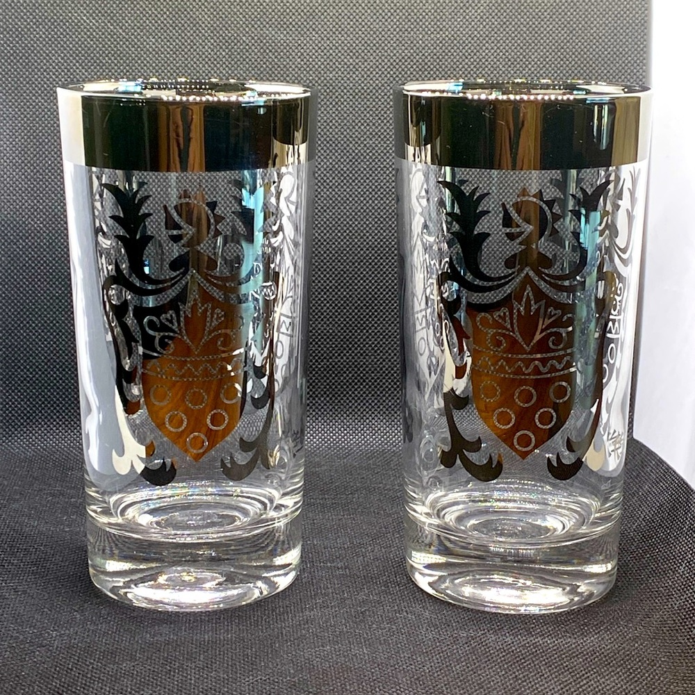 Pair of 1960’s Kimiko signed Silver Guardian Knight Crest Highball Glasses.